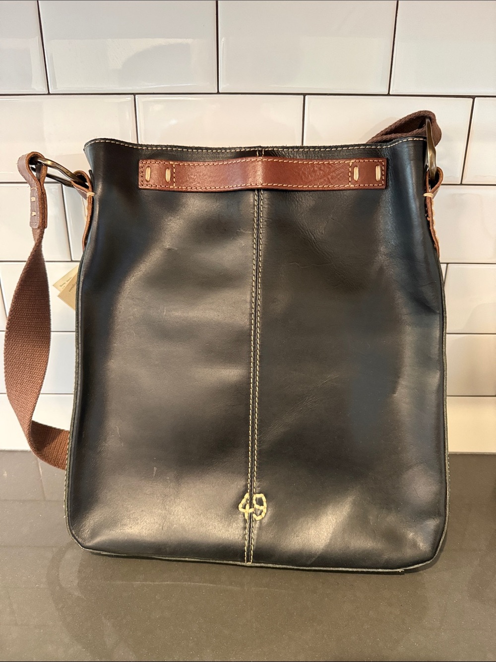 Black Leather Tote Bag with Brown Accents